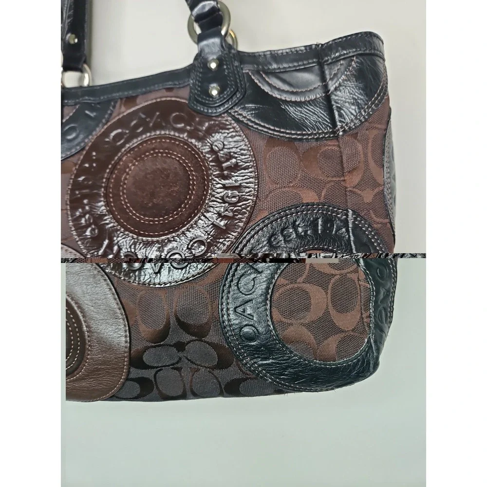 Coach Bag Circle Patchwork F15466 Brown Black Suede Leather East West Tote